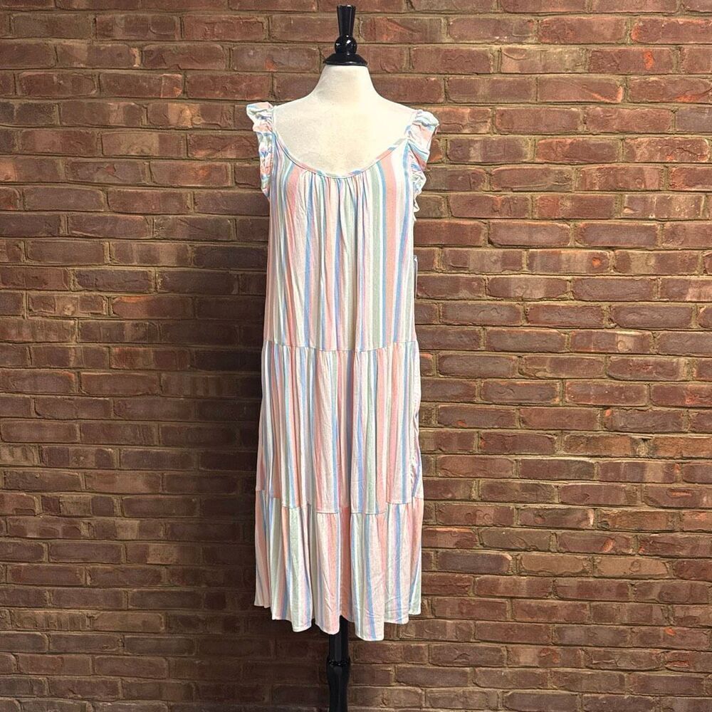 Absolutely Famous Women Multi Stripe Flutter Sleeve MIDI Dress Sz XL NEW